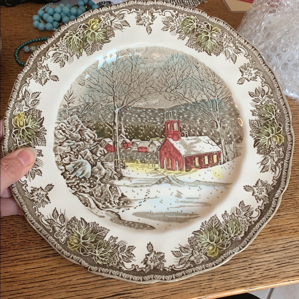 Vintage “the schoolhouse” Johnson Bros winter scene brown leaf border 10” plate